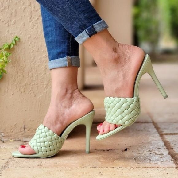 Women's High Heel Mule Sandals Sage Color - Picture 2 of 8